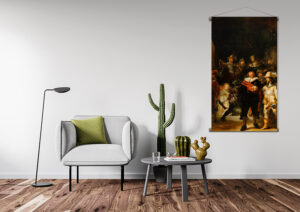 Wanddoek Textielposter Nachtwacht|Textielposter Pauw Wanddoek|Textielposter Wand|Textielposter Zwart Wit|Wanddoek Woonkamer