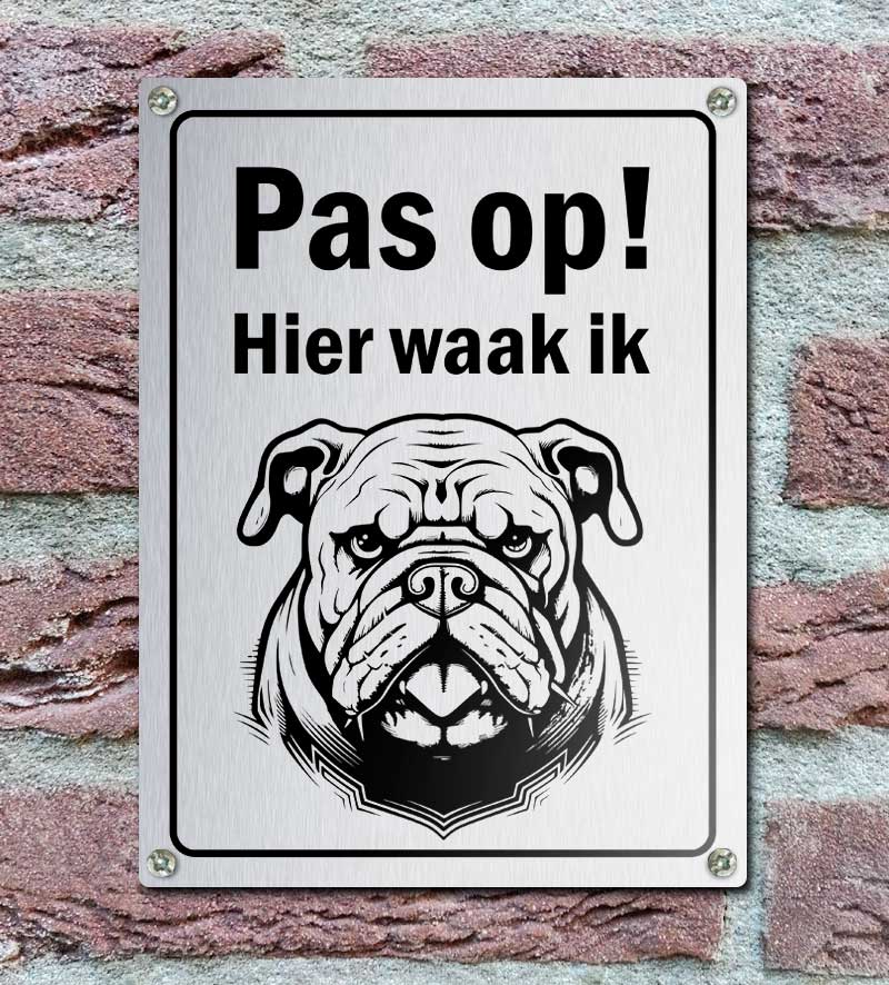 Waakbordje Met Engelse Bulldog Rvs Look Geborsteld Hoge Kwaliteit