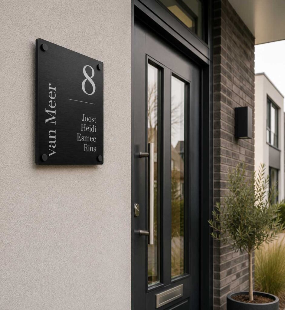 Modern zwart huisnummerbord met namen bij een nieuwbouw huis. Het naambordje is bevestigd met luxe zwarte afstandhouders wat een zwevend effect geeft.